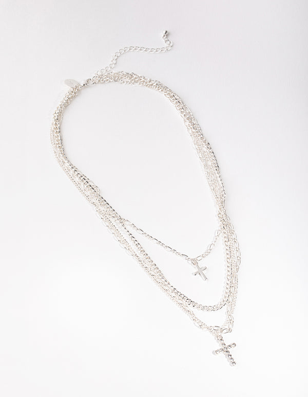 Silver Mix Chain Cross 4-row Necklace