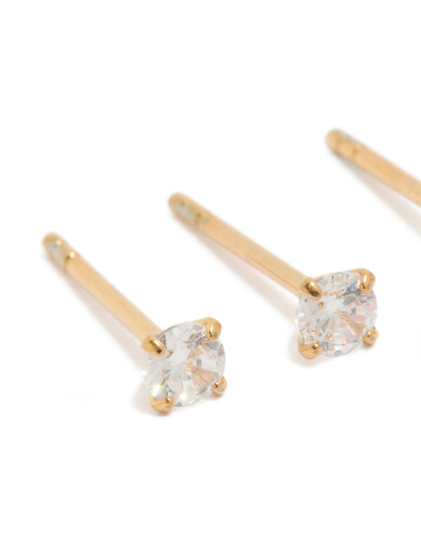 24 Carat Gold Plated Surgical Steel Round Cubic Zirconia Pack Stud Earrings