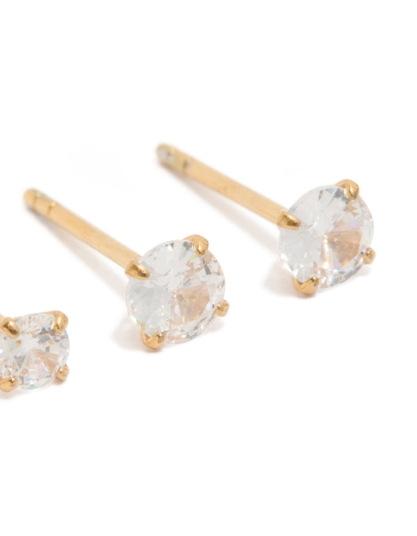 24 Carat Gold Plated Surgical Steel Round Cubic Zirconia Pack Stud Earrings