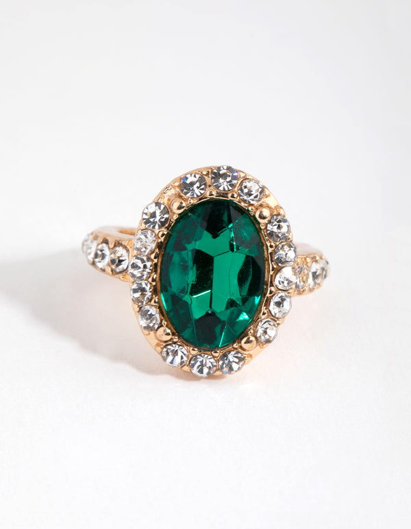 Gold Diamante Surrounded Green Stone Ring