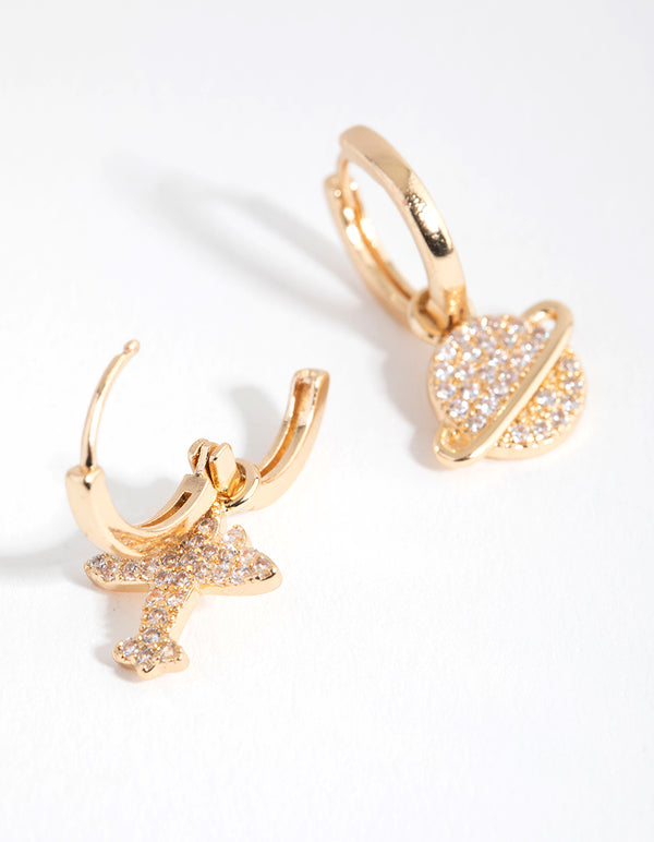 Gold Diamante Mismatched Galaxy Huggie Earrings