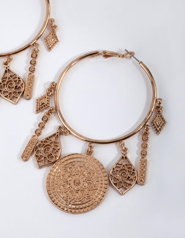 Antique Gold Large Metal Charms Hoop Earrings