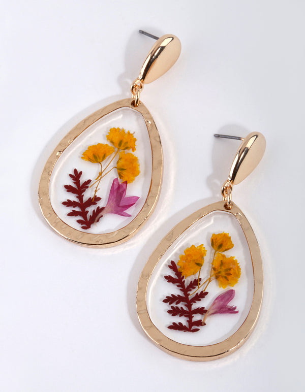 Gold Teardrop Trapped Flower Earrings