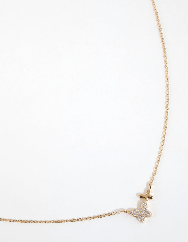 Gold Plated Sterling Silver Diamante Double Pave Butterfly Necklace