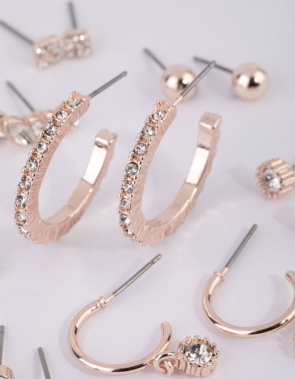 Rose Gold Plain Diamante Stud Earring Pack
