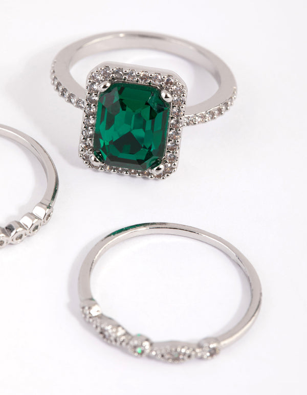 Silver Emerald Diamond Simulant Halo Ring Pack