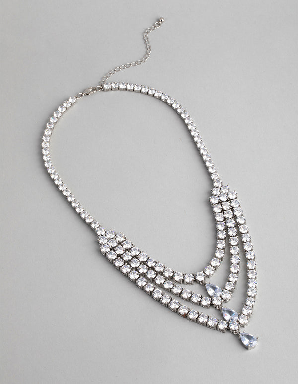 Silver Cubic Zirconia Layered Statement Necklace