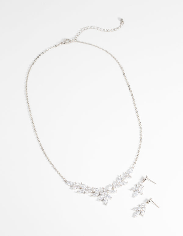 Silver Diamond Simulant Navette Necklace & Earrings Set