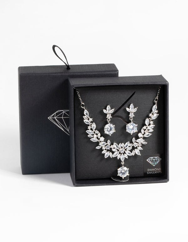 Silver Diamond Simulant Navette Necklace & Earrings Set