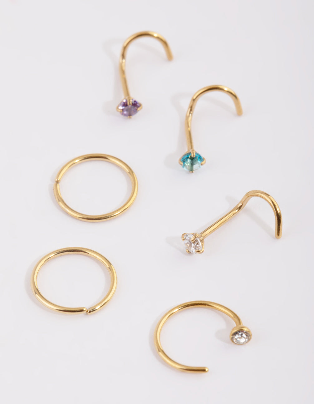 Gold Plated Surgical Steel Pastel Diamante Nose Stud 6-Pack
