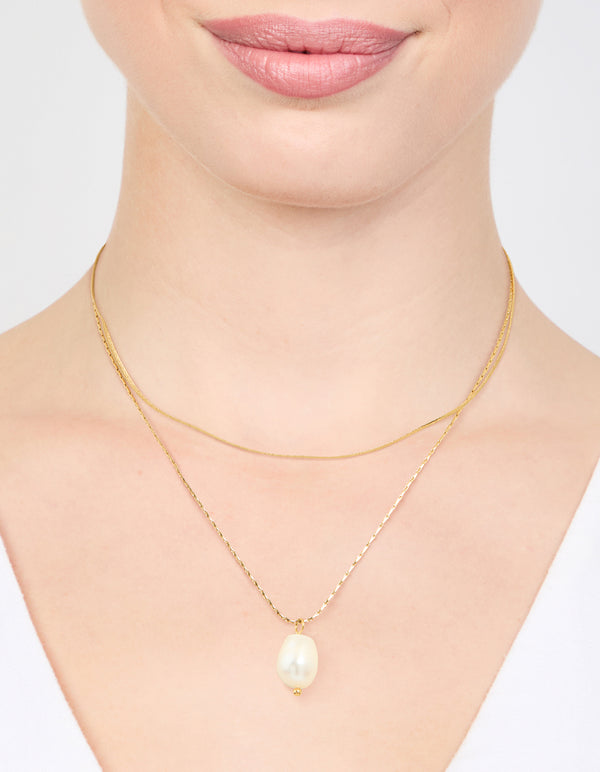Waterproof Gold Plated Stainless Steel Snake Chain & Freshwater Pearl Layered Necklace