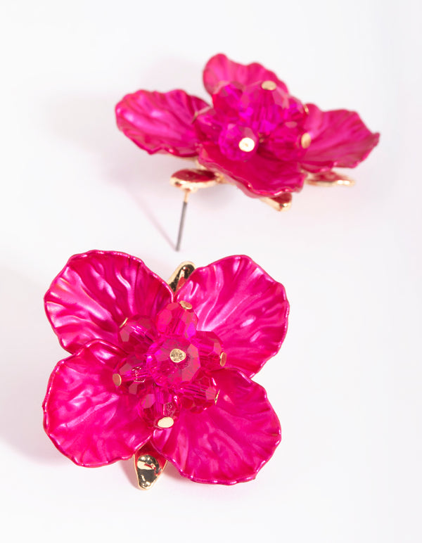 Fuchsia Pearlised Flower Stud Earrings