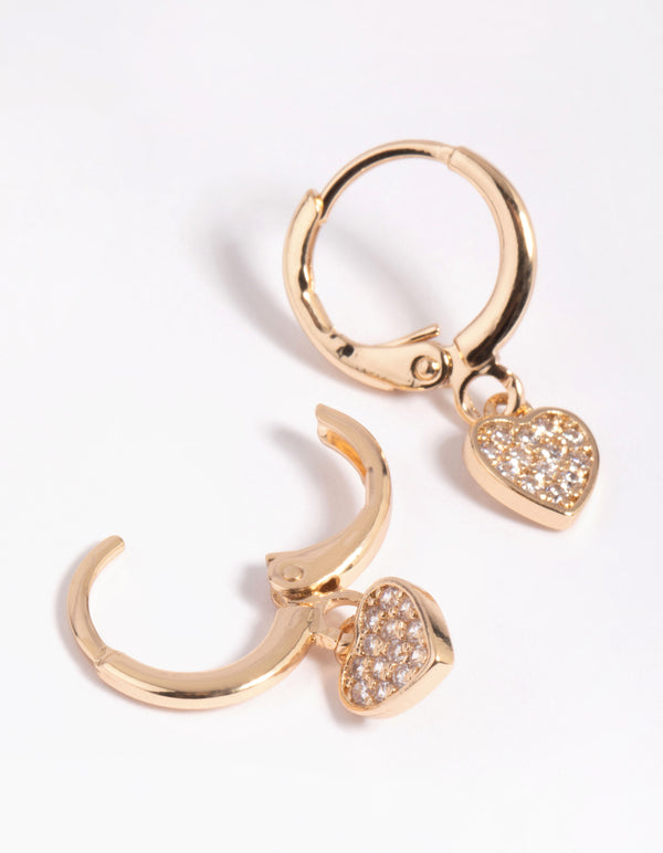 Gold Cubic Zirconia Heart Charm Huggie Hoop Earrings