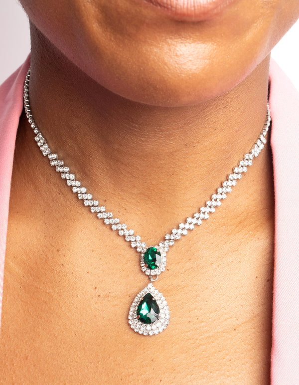 Silver Diamond Simulant Emerald Necklace & Earrings Set