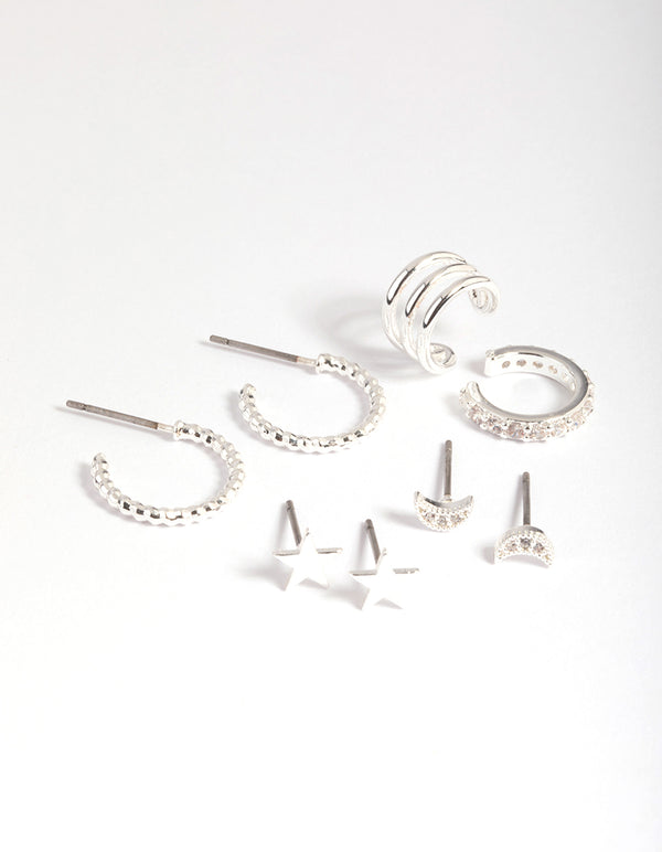 Silver Plated Brass Star & Moon Stud Earring 8-Pack