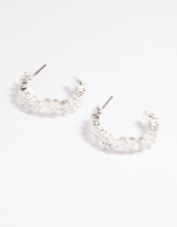 Silver Cubic Zirconia Baguette Hoop Earrings