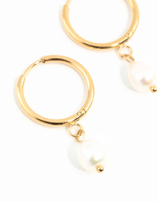 Waterproof Gold Plated Stainless Steel Freshwater Pearl Thin Huggie Hoop Earrings