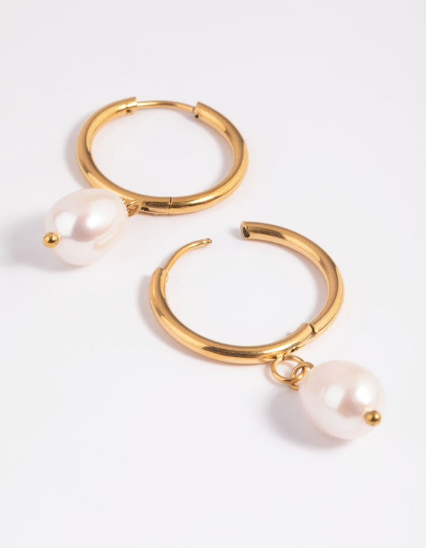 Waterproof Gold Plated Stainless Steel Freshwater Pearl Thin Huggie Hoop Earrings