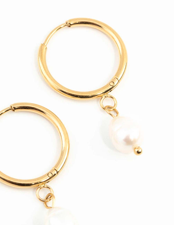Waterproof Gold Plated Stainless Steel Freshwater Pearl Thin Huggie Hoop Earrings