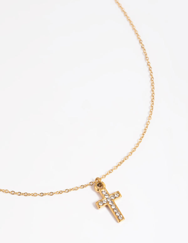 Waterproof Gold Plated Stainless Steel Cubic Zirconia Cross Necklace