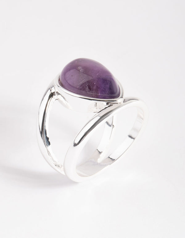 Silver Purple Pear Stone Band Ring