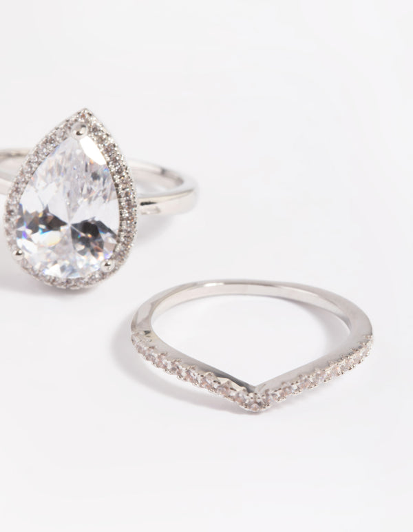 Silver Cubic Zirconia Pear Halo Ring Stack Pack