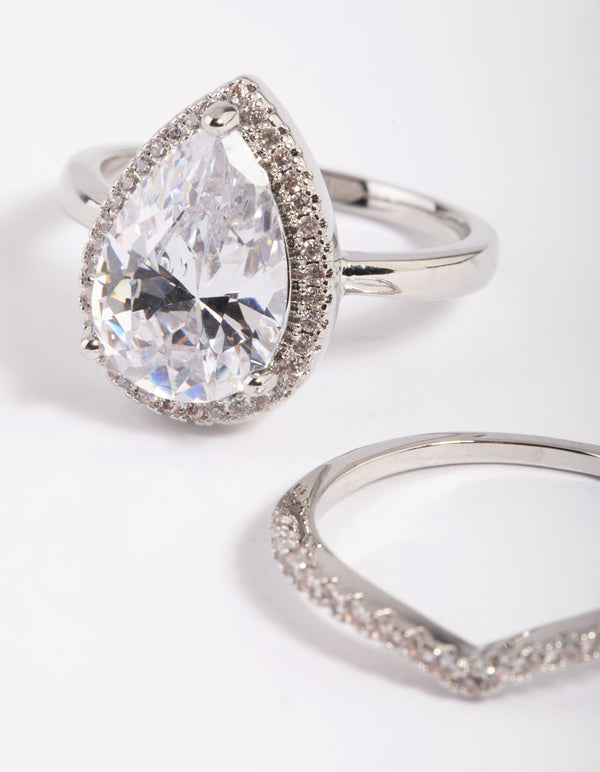 Silver Cubic Zirconia Pear Halo Ring Stack Pack