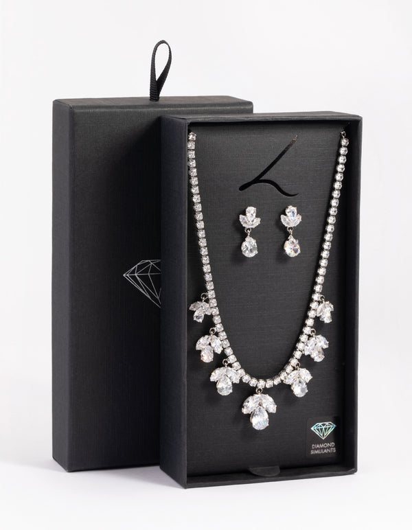 Silver Diamond Simulant Flower Necklace & Earrings Set