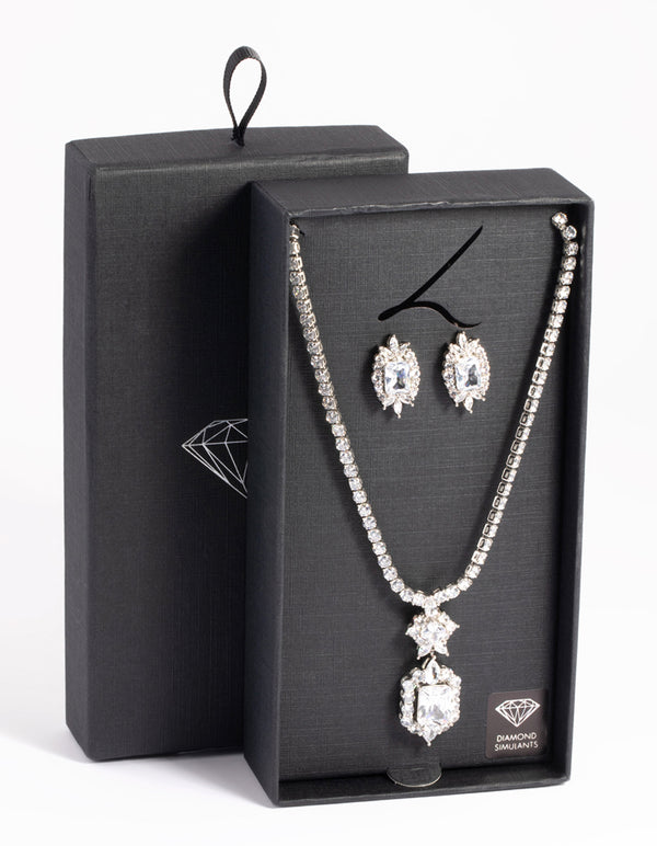 Silver Diamond Simulant Vintage Necklace & Earrings Set