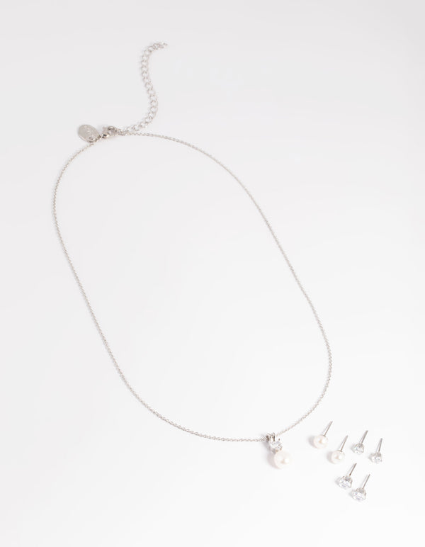 Silver Diamond Simulant Freshwater Pearl Necklace & Earrings Set