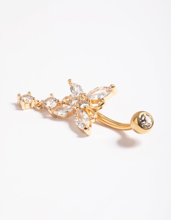 Featuring a butterfly belly bar charm with diamond accents crafted from gold plated surgical steel detail view
