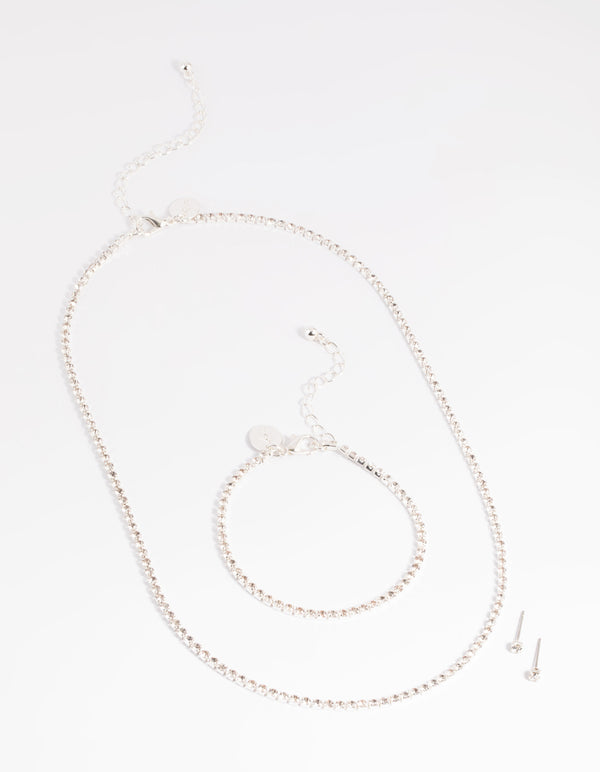 Silver Diamante Necklace Bracelet & Earrings Set