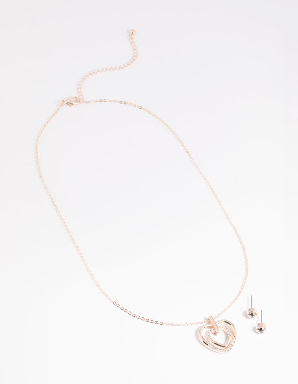 Rose Gold Heart Necklace & Earrings Set