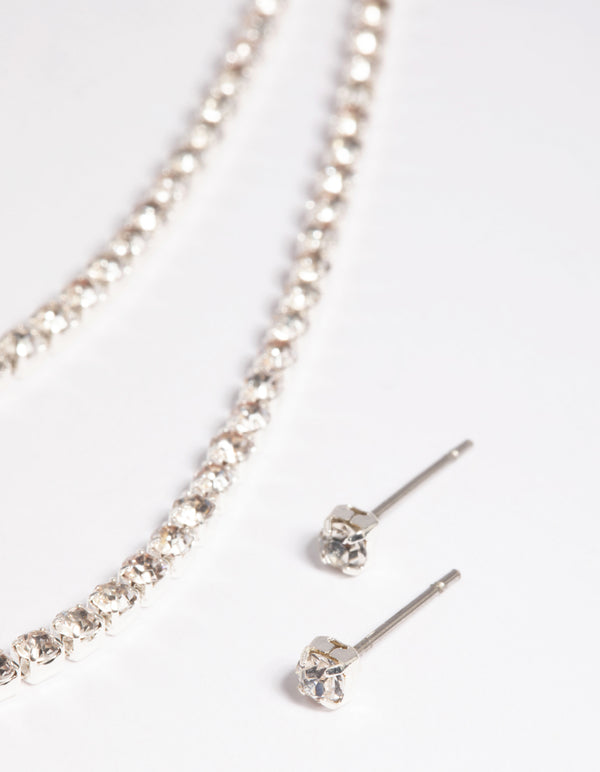 Silver Diamante Layered Necklace & Earrings Set