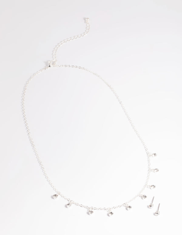 Silver Diamante Droplets Necklace & Earrings Set