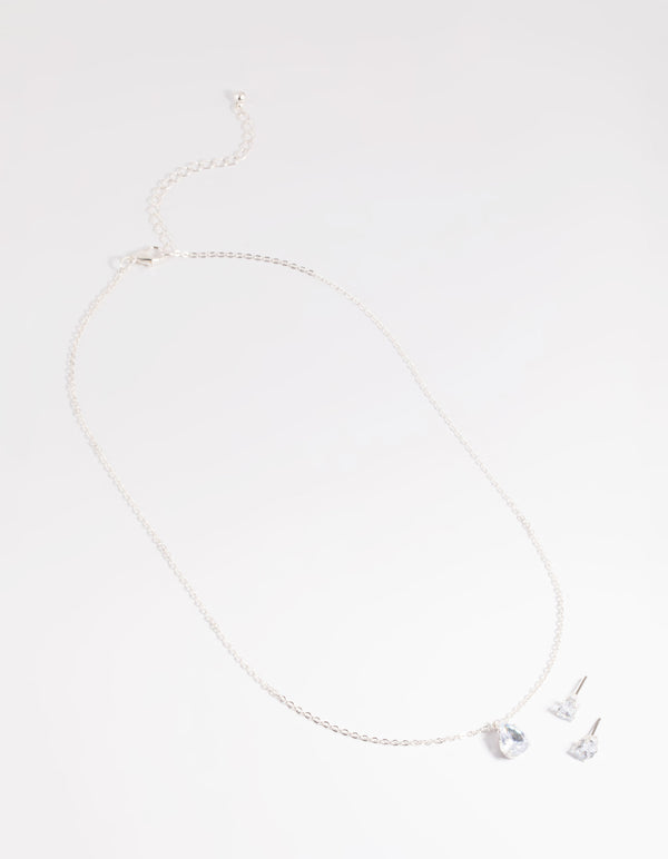 Silver Diamante Pear Necklace & Earrings Set