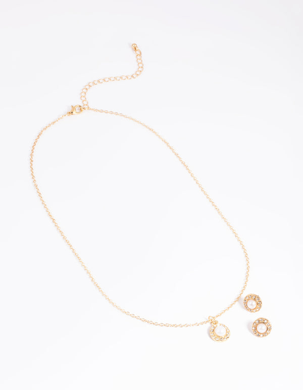 Gold Pearl Stone Necklace & Earrings Set