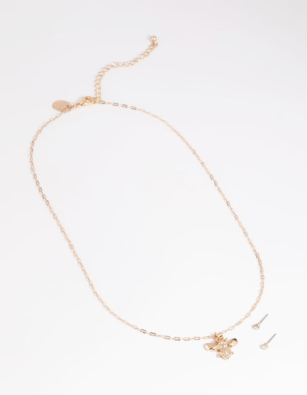 Gold Diamante Bee Necklace & Earrings Set
