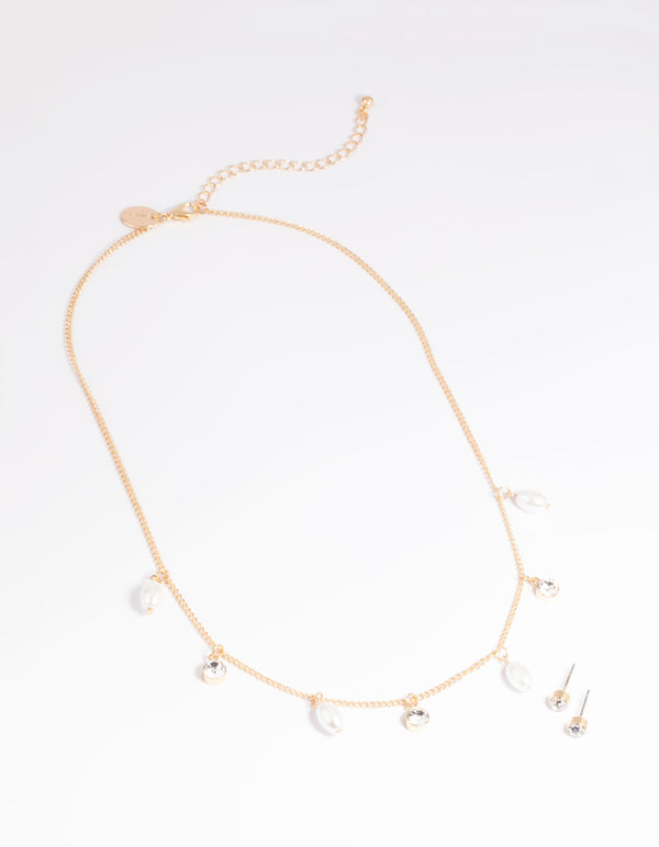 Gold Pearl Diamante Droplet Necklace & Earrings Set