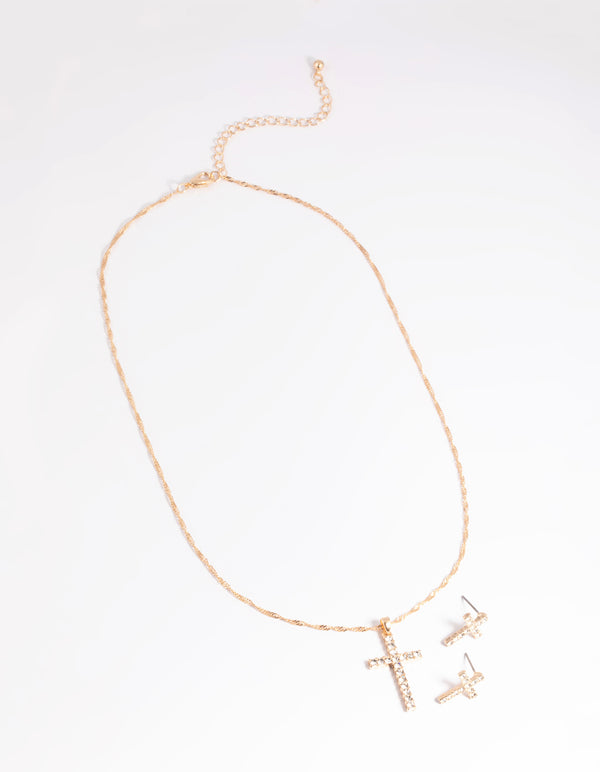 Gold Diamante Cross Necklace & Earrings Set
