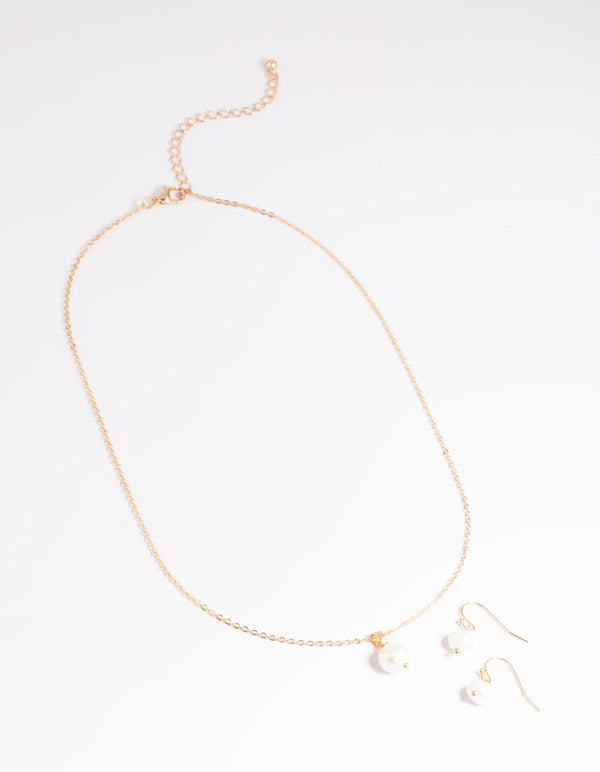 Gold Pearl Necklace & Earrings Set