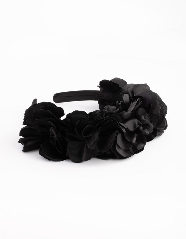 Black Satin Flower Veil Headband