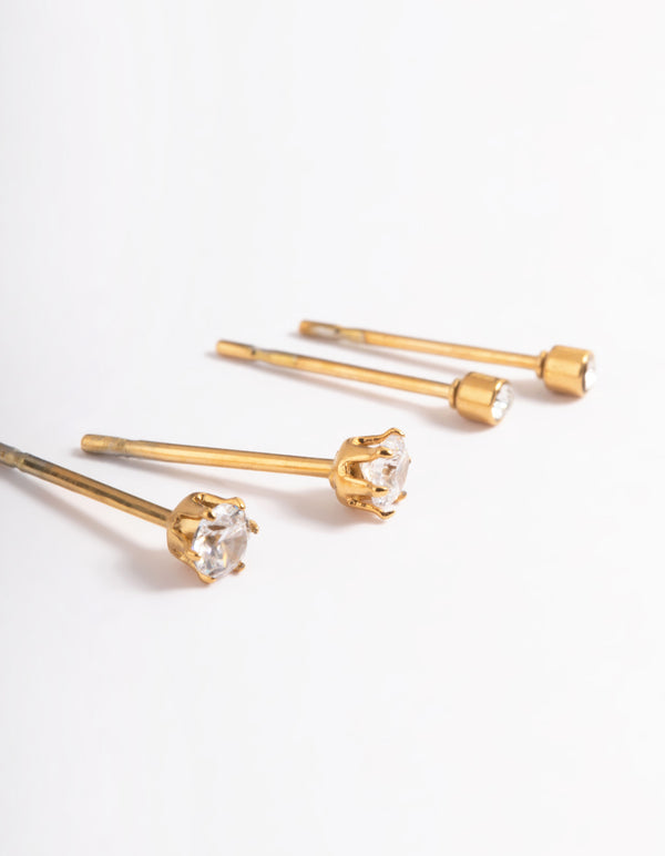 Waterproof Gold Plated Stainless Steel Cubic Zirconia Plain Stud Earrings Pack
