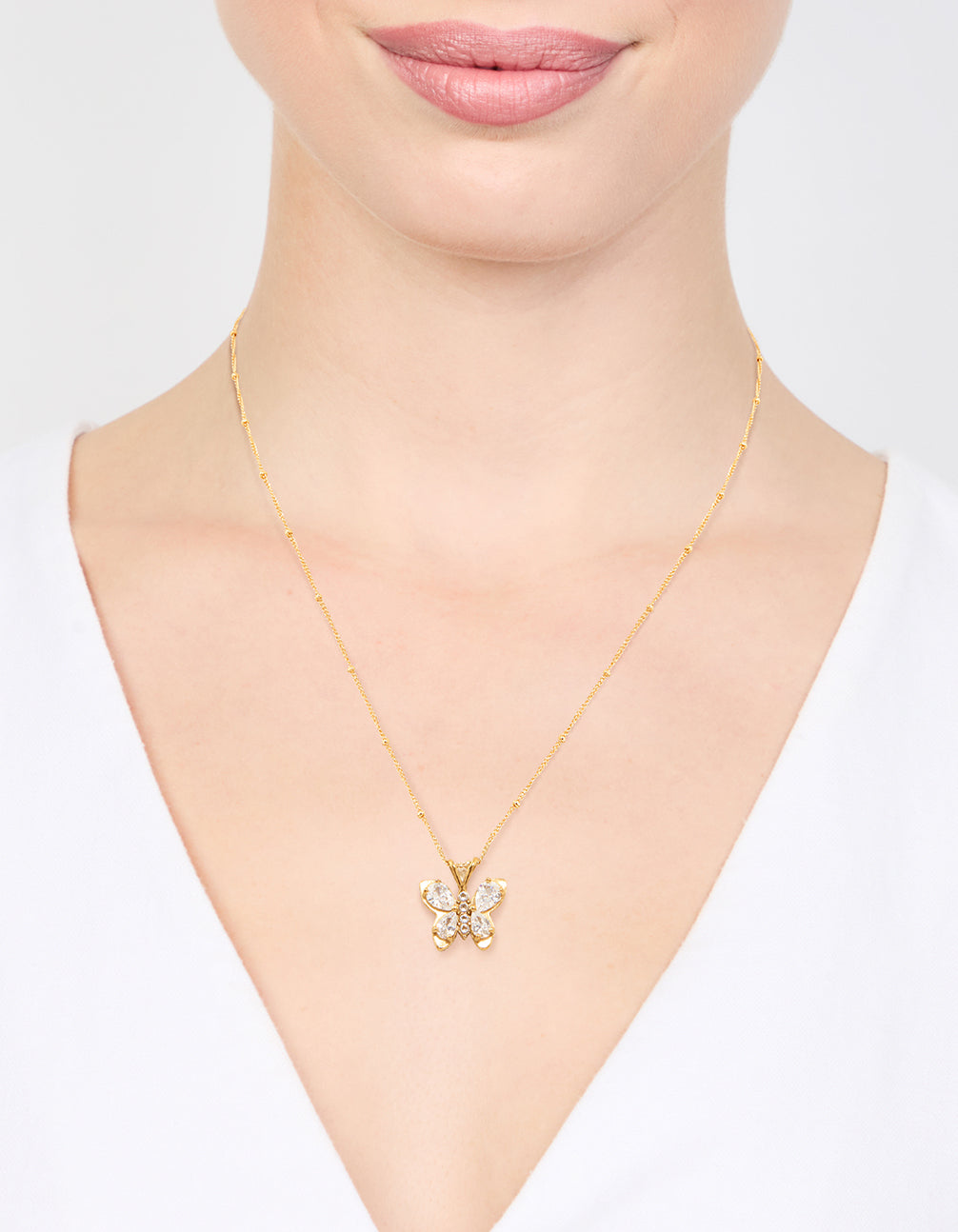 Waterproof Gold Plated Stainless Steel Cubic Zirconia Butterfly Necklace