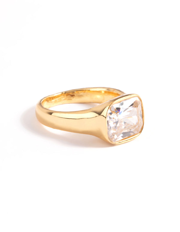 Waterproof Gold Plated Stainless Steel Square Cubic Zirconia Ring