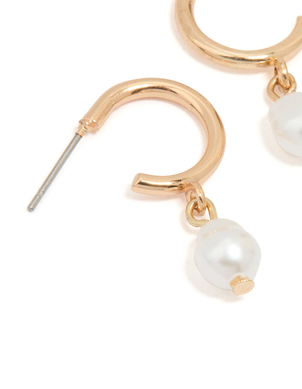 Gold Pearl Drop Huggie Earrings