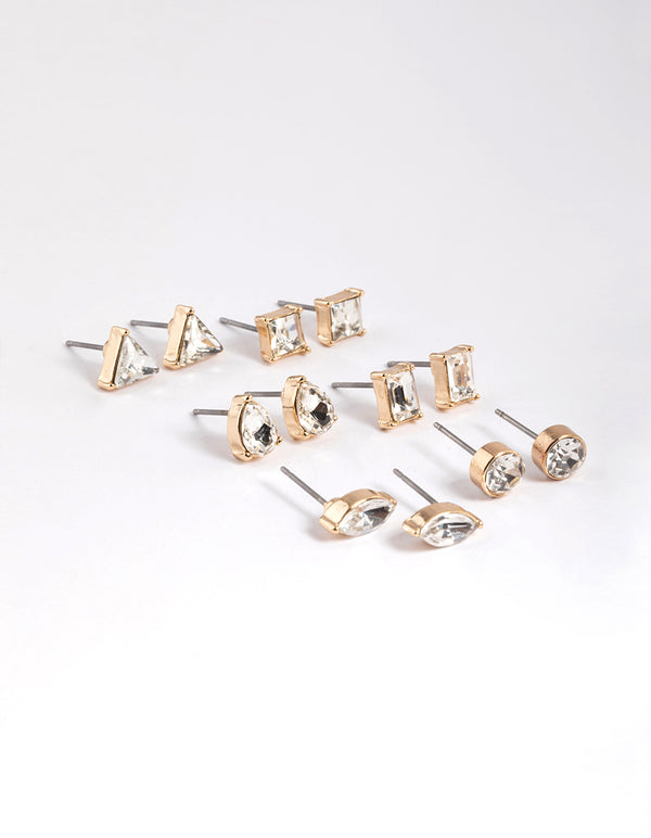 Gold Mixed Cut Diamante Stud Earrings 6-Pack