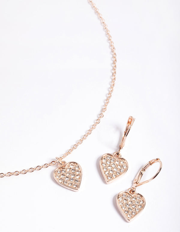 Rose Gold Pave Heart Necklace & Huggie Earrings