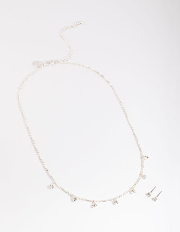 Silver Diamante Droplet Necklace & Stud Earrings