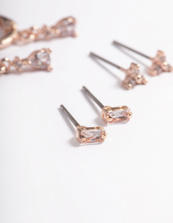 Rose Gold Plated Brass Crystal Pear Huggie Earrings 6-Pack